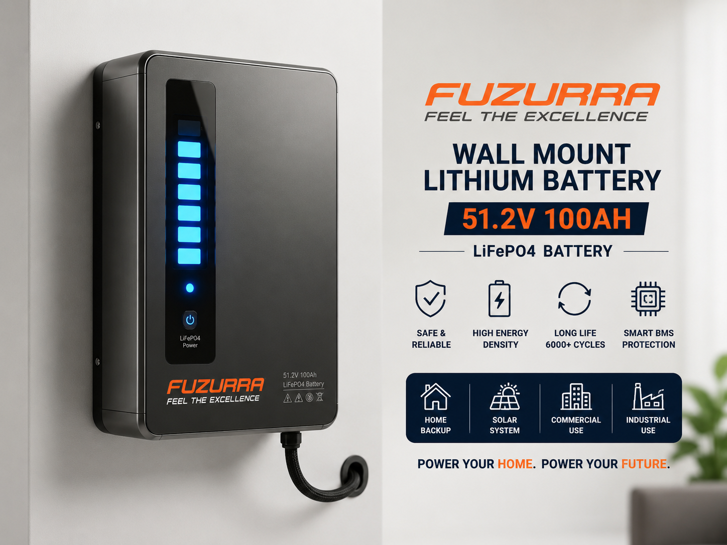 FUZURRA Wall Mount Lithium Battery 51.2V 100AH LiFePO4
